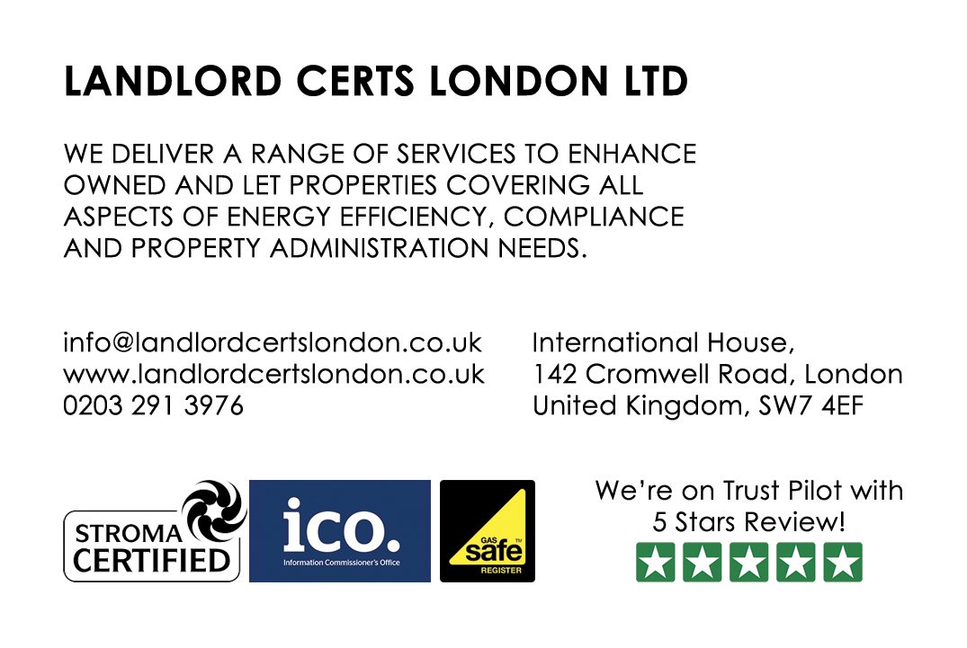 Landlord Certs London business card front designed by 9WEB